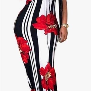 Black & White Striped Maxi Dress with Red Floral Print